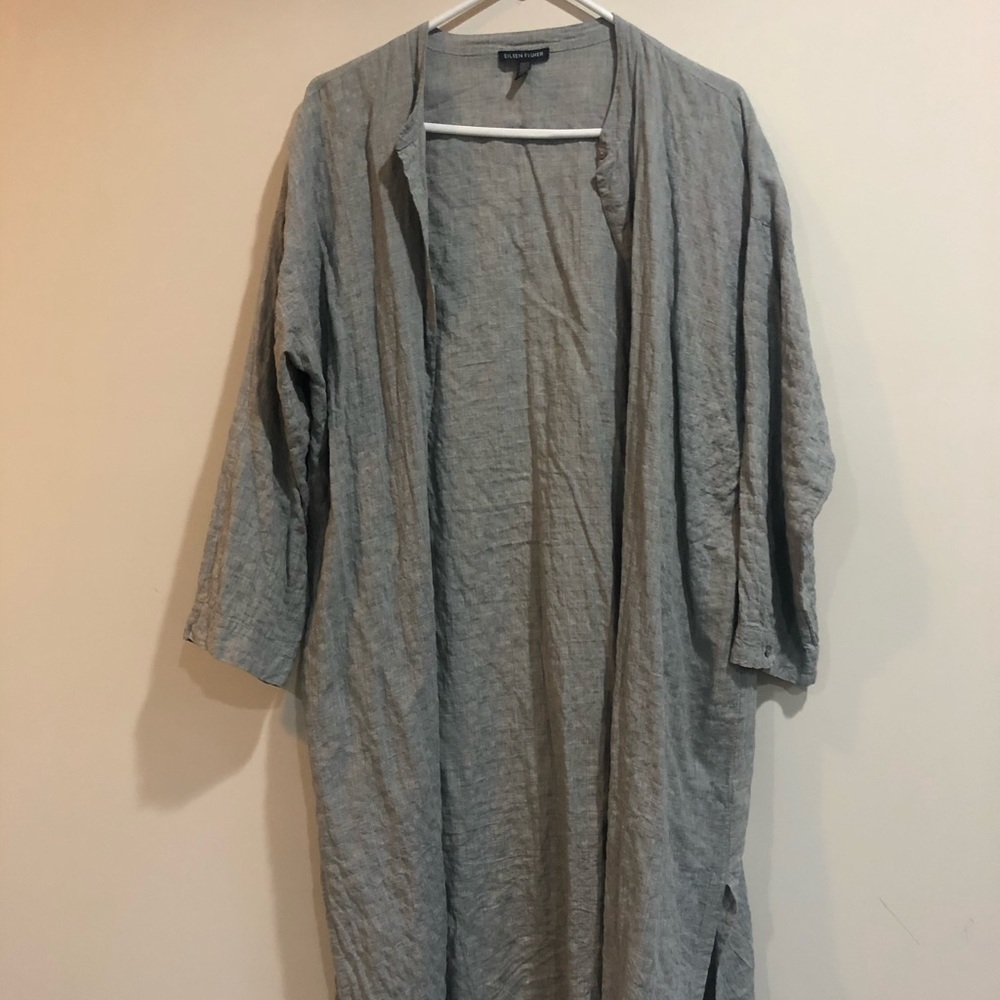 Eileen Fisher, grey blue button up long tunic
